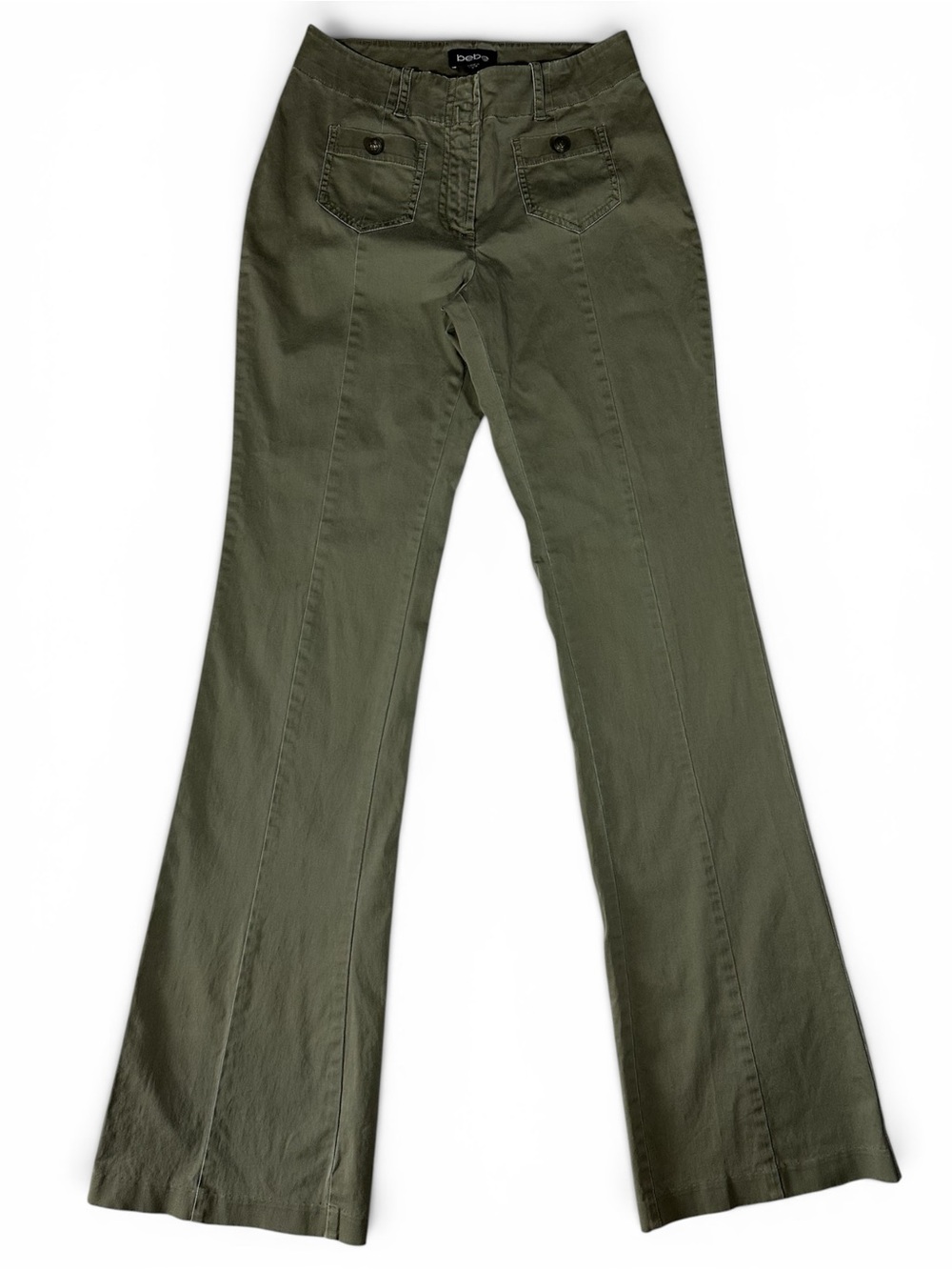 bebe Olive Flare Pants with Front Patch Pockets